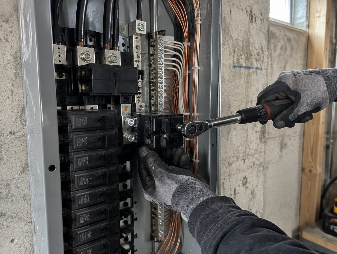 Electrician torquing a two pole breaker into a residential panel