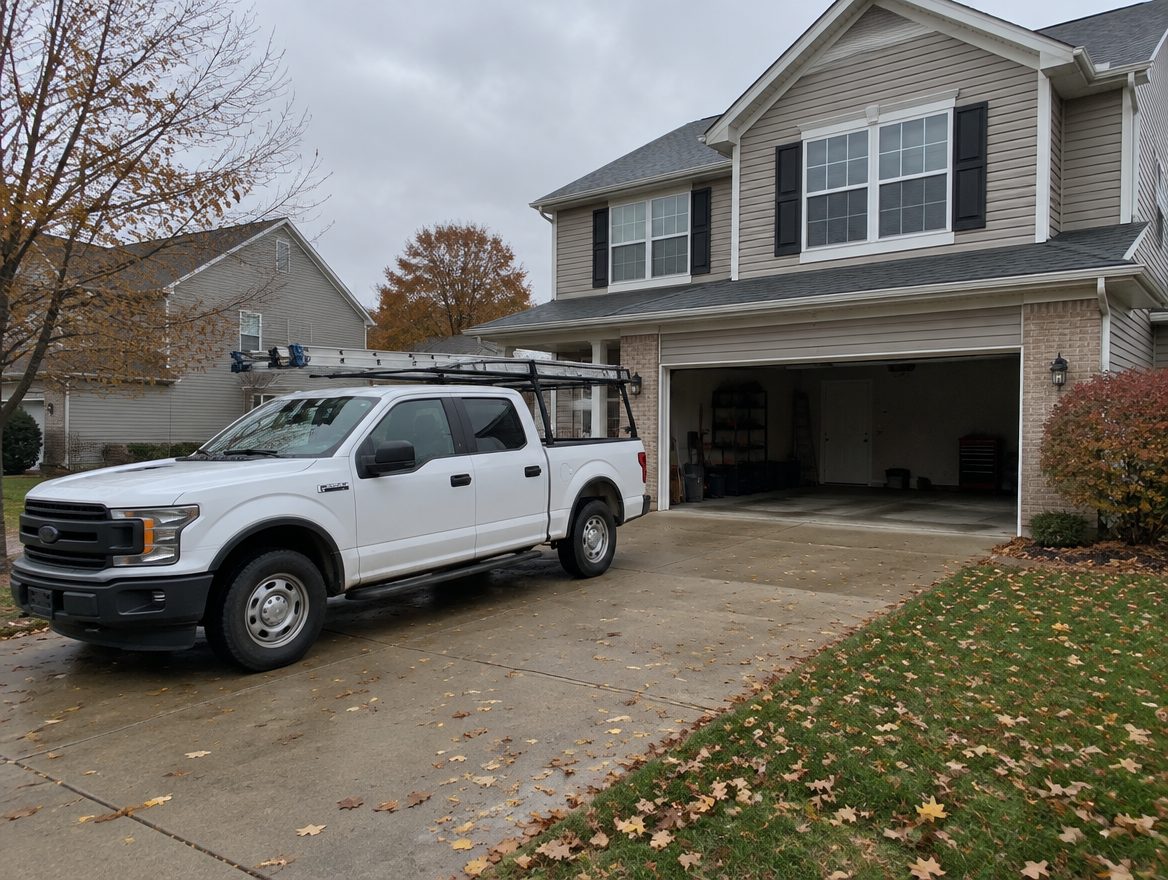 Work truck in a suburban driveway